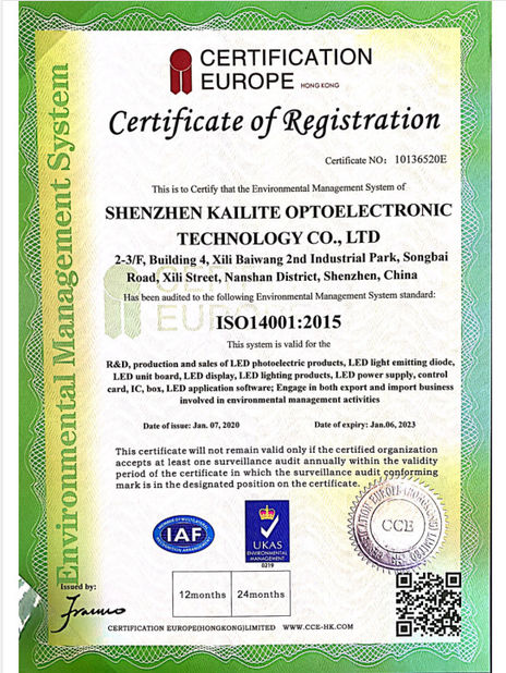 Çin SHENZHEN KAILITE OPTOELECTRONIC TECHNOLOGY CO., LTD Sertifikalar